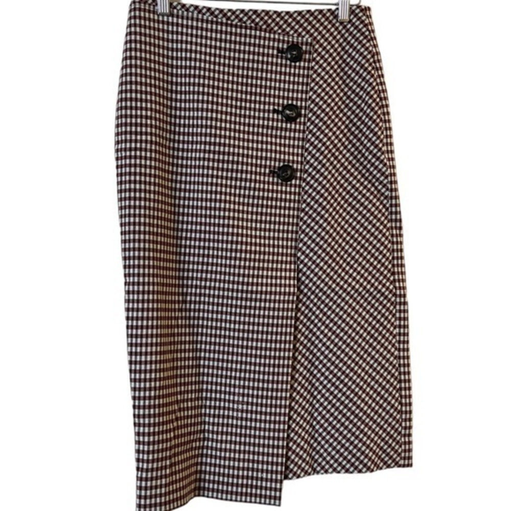 Lewit Stretch Wool Fitted Plaid Check Asymmetrical Faux Wrap 3 Button Skirt